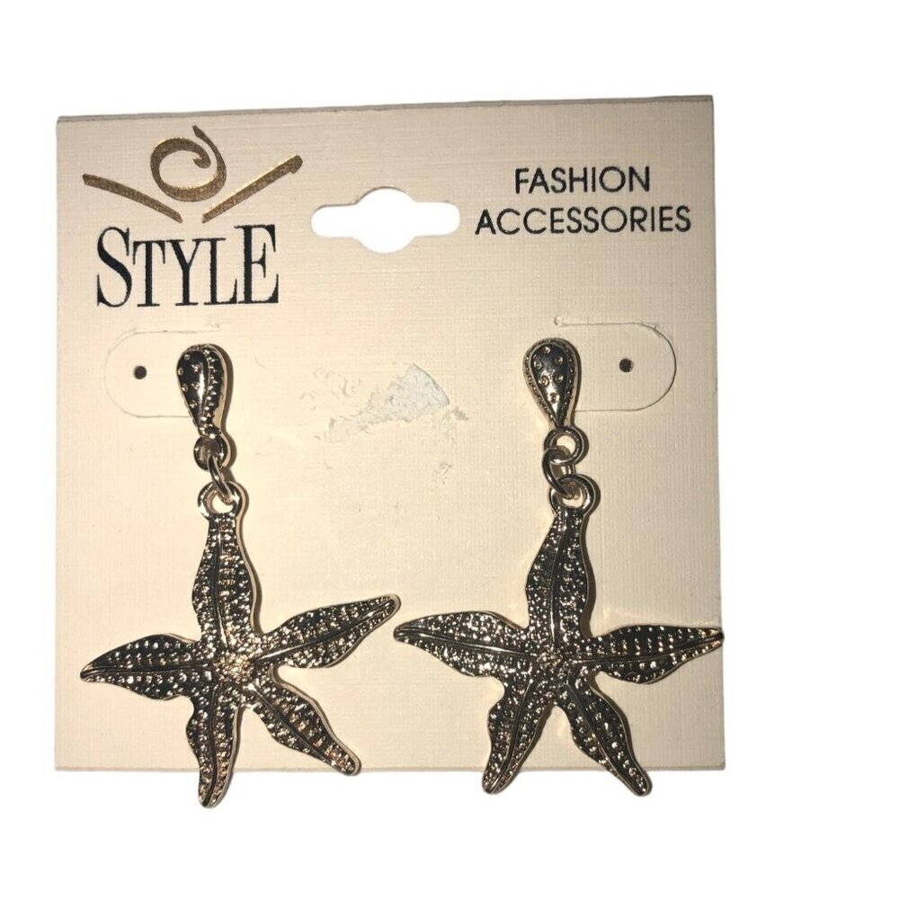 Starfish Pierced Earrings Gold Tone Drop Style Dangle Beach Nautical Sea NEW
